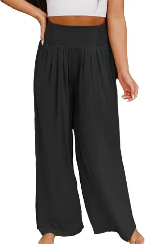Women Casual High Waisted Cotton Linen Pants Loose Elastic Waist Beach Palazzo Pants Vacation Trouser with Pocket