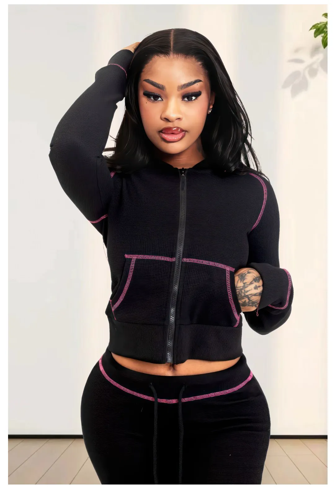 Women Clothing Elegant Huafuge Hoodie Two Piece Set