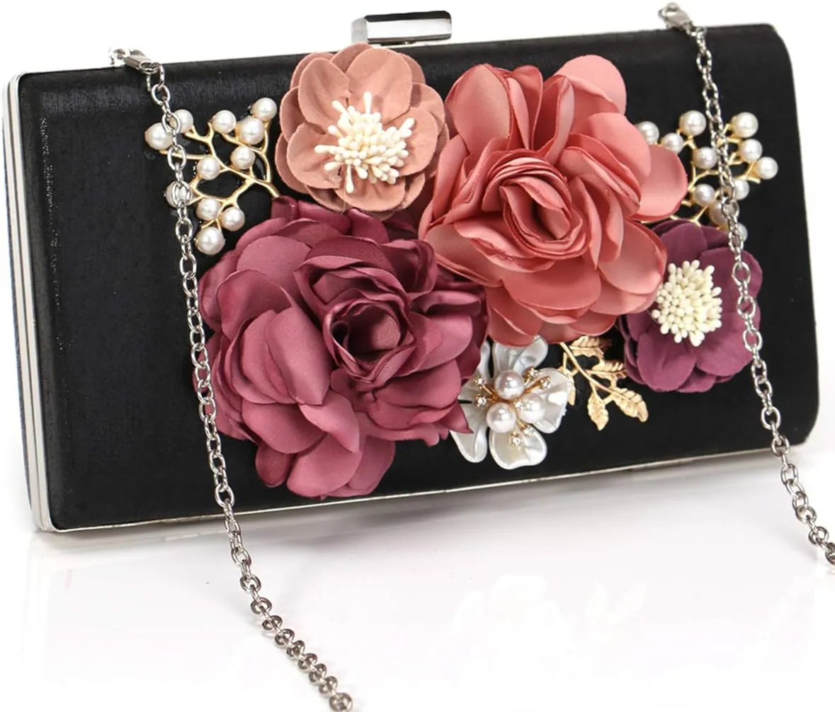 Women Crossbody-Bag Wedding Flower Clutch-Purse Party Pearl Evening-Bag Bride Shoulder Bag 8 x 2 x 4Inches
