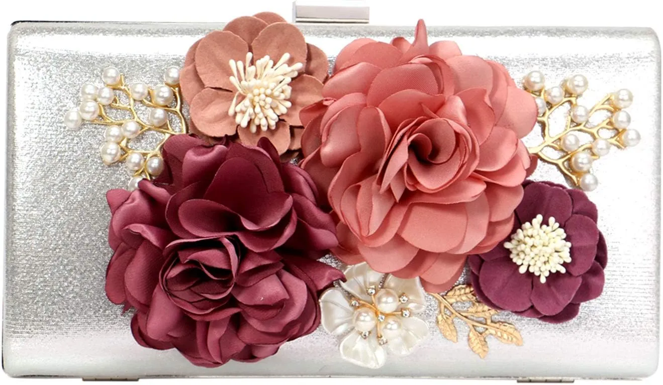 Women Crossbody-Bag Wedding Flower Clutch-Purse Party Pearl Evening-Bag Bride Shoulder Bag 8 x 2 x 4Inches