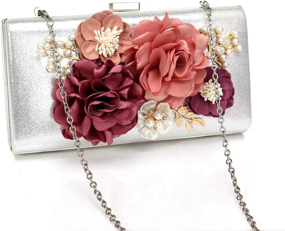 Women Crossbody-Bag Wedding Flower Clutch-Purse Party Pearl Evening-Bag Bride Shoulder Bag 8 x 2 x 4Inches