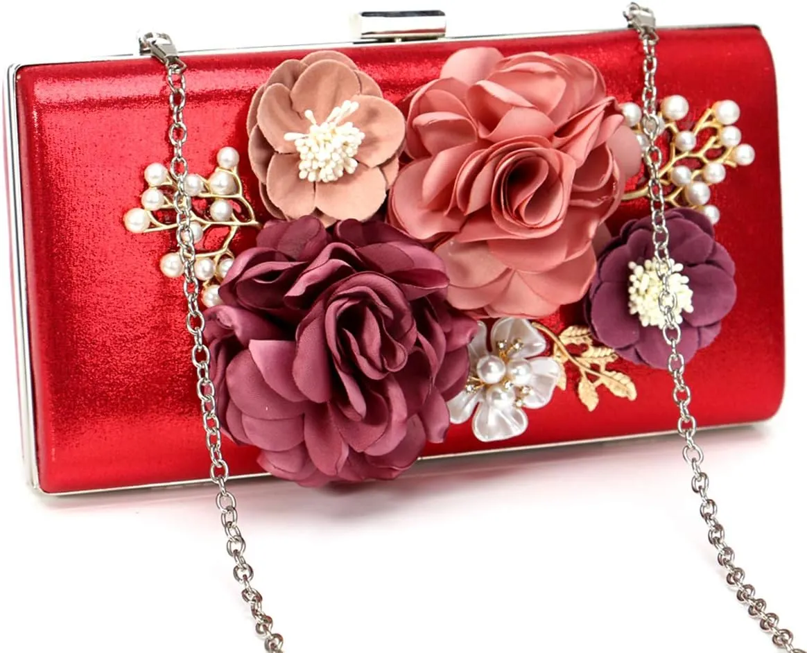 Women Crossbody-Bag Wedding Flower Clutch-Purse Party Pearl Evening-Bag Bride Shoulder Bag 8 x 2 x 4Inches