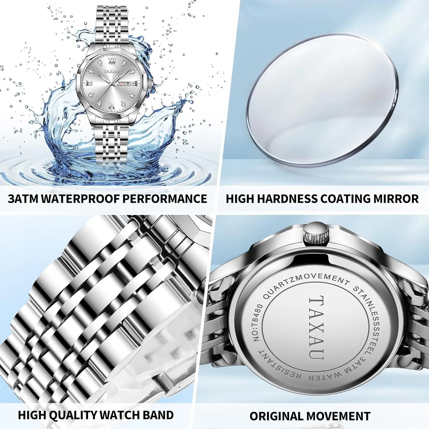 Women Dress Watches Diamond Luxury Waterproof Watch with Day Date Large Number Stainless Steel Analog Quartz Elegant Ladies Watches Small Wrist Watch Reloj para Mujer