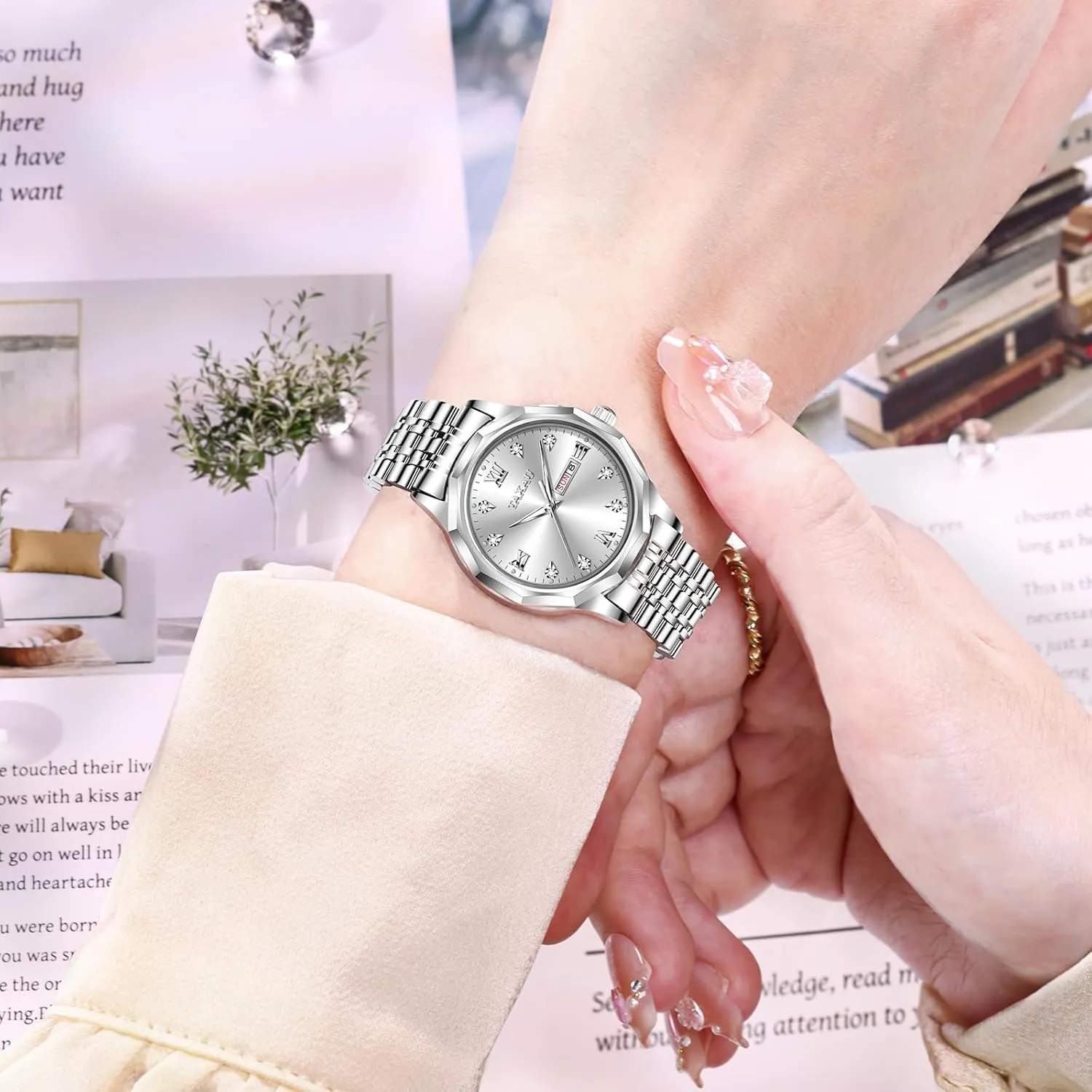 Women Dress Watches Diamond Luxury Waterproof Watch with Day Date Large Number Stainless Steel Analog Quartz Elegant Ladies Watches Small Wrist Watch Reloj para Mujer