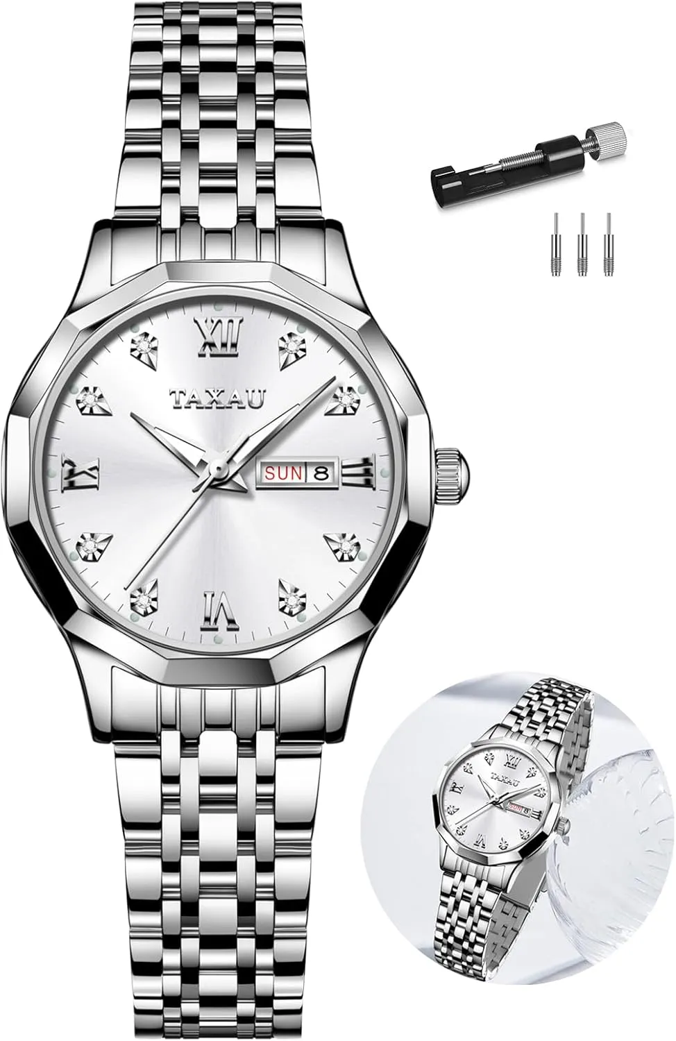 Women Dress Watches Diamond Luxury Waterproof Watch with Day Date Large Number Stainless Steel Analog Quartz Elegant Ladies Watches Small Wrist Watch Reloj para Mujer