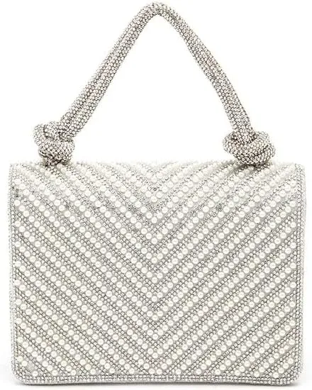 Women Elegant Pearl Studded Rhinestone Handle Clutch Bag Party Purse brides, bridesmaids, or evening partygoers
