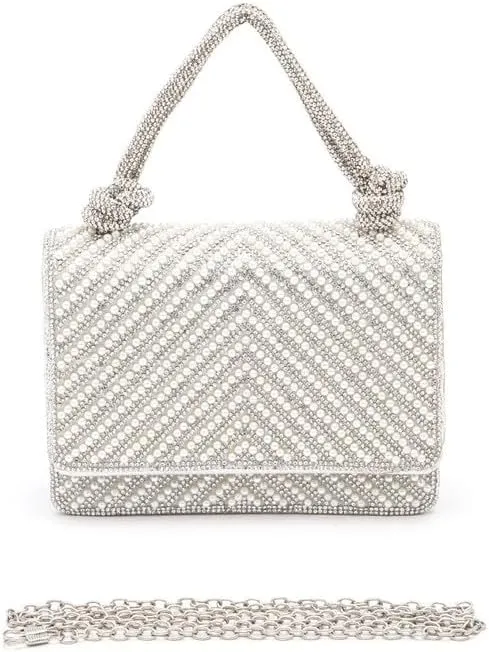 Women Elegant Pearl Studded Rhinestone Handle Clutch Bag Party Purse brides, bridesmaids, or evening partygoers