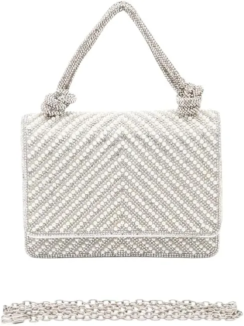 Women Elegant Pearl Studded Rhinestone Handle Clutch Bag Party Purse brides, bridesmaids, or evening partygoers