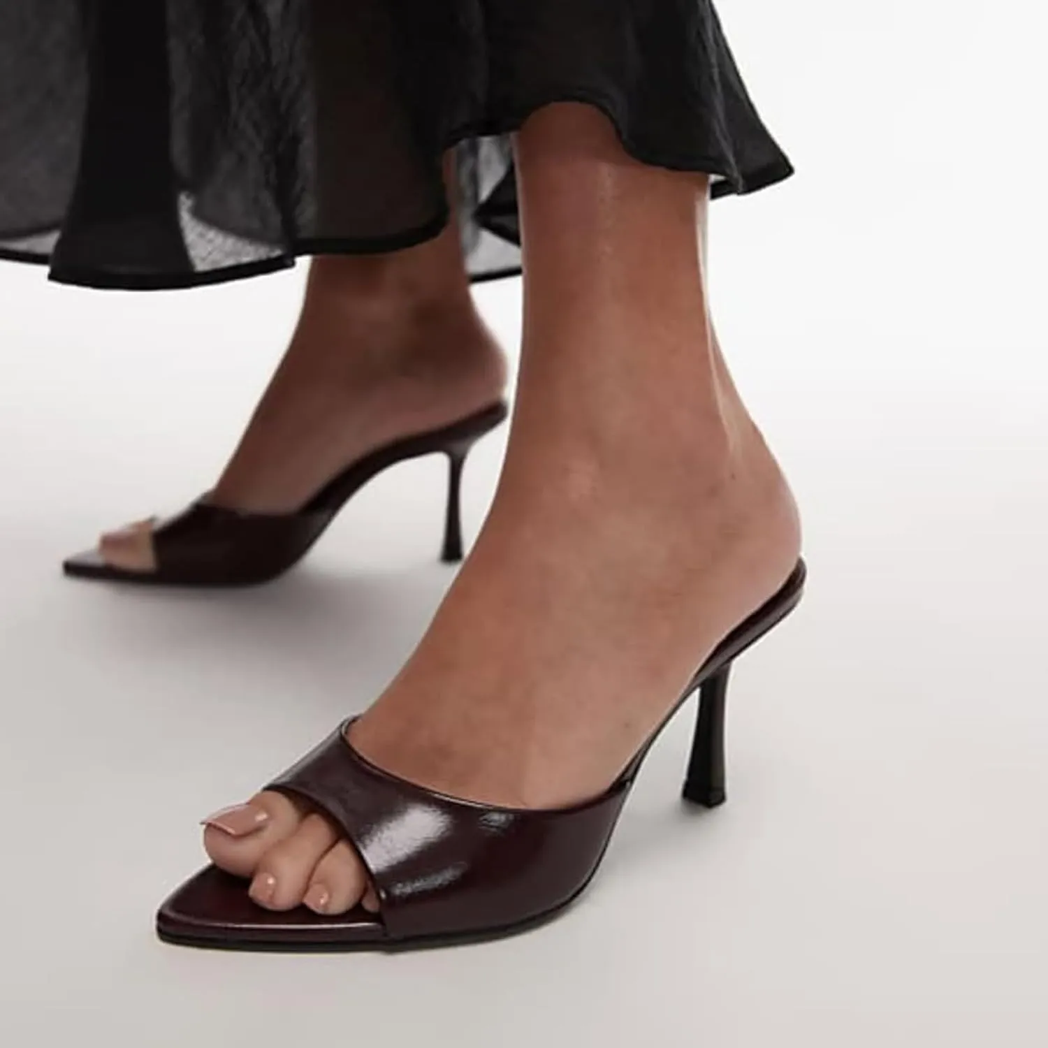 Women Heeled Mules Pointed Peep Toe Stiletto High Heel Slip on Backless Summer Mules Slide Sandals Fashion Dress Shoes