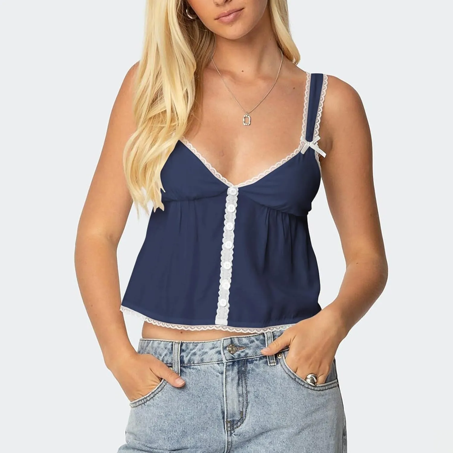 Women Lace Trim Ruffle Tank Tops Y2K Cute Fairy Babydoll Bow Button Down Camisole Summer Going Out Tops
