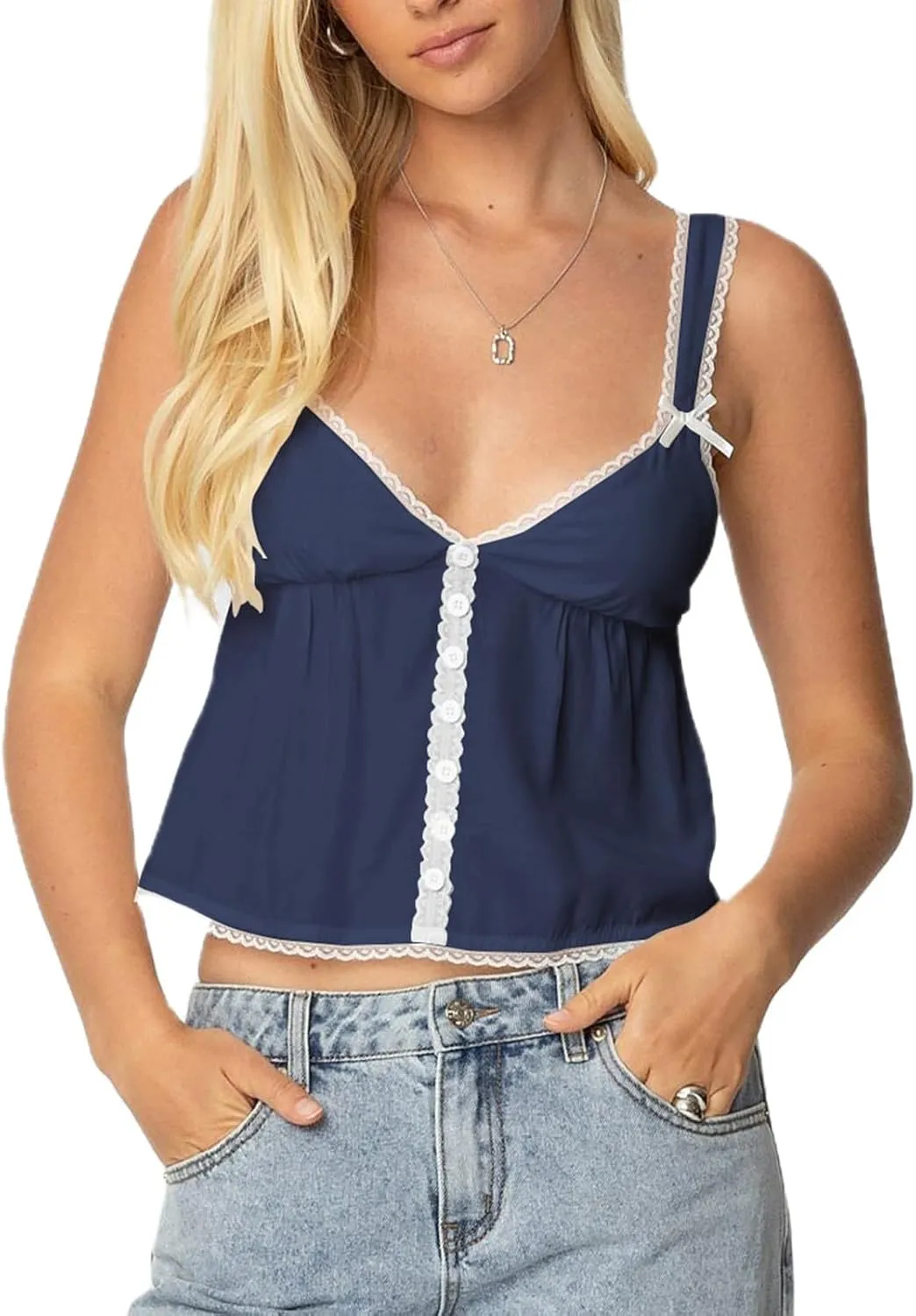 Women Lace Trim Ruffle Tank Tops Y2K Cute Fairy Babydoll Bow Button Down Camisole Summer Going Out Tops