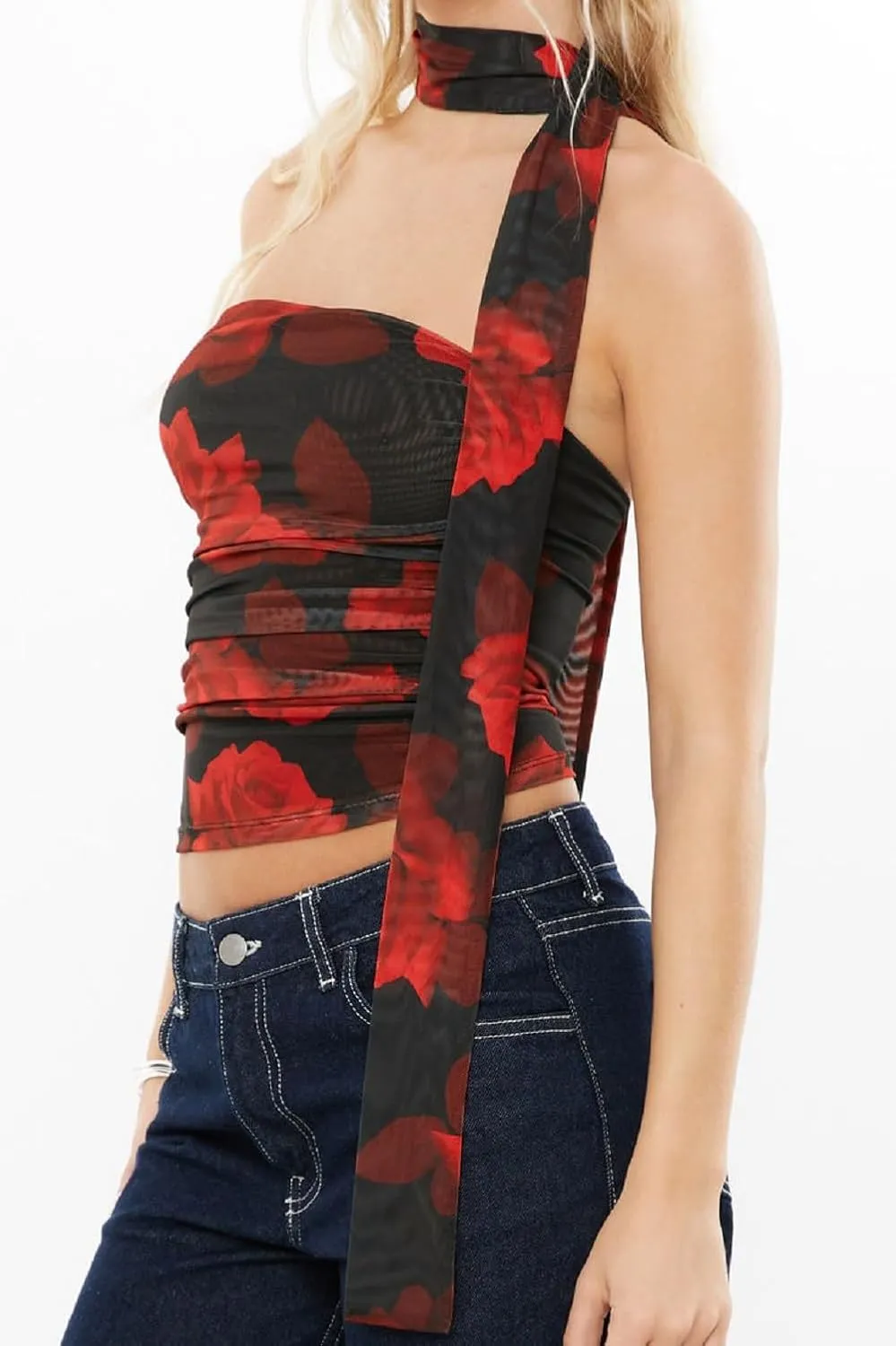 Women Leopard Tube Top Mesh Ruched Strapless Crop Top Sexy Cheetah Print Backless Bandeau Tank Top with Scarf