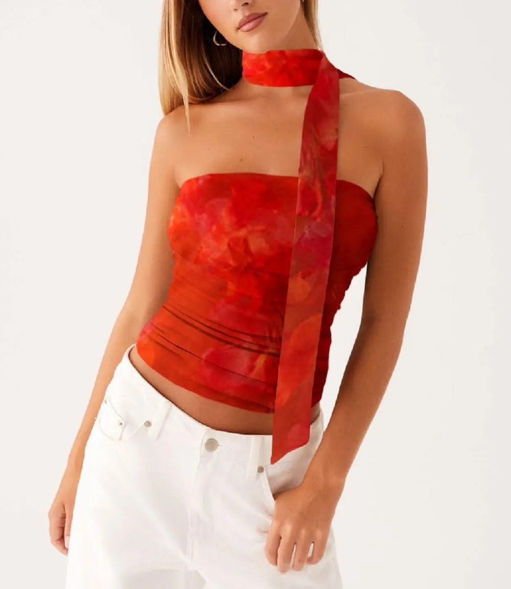 Women Leopard Tube Top Mesh Ruched Strapless Crop Top Sexy Cheetah Print Backless Bandeau Tank Top with Scarf