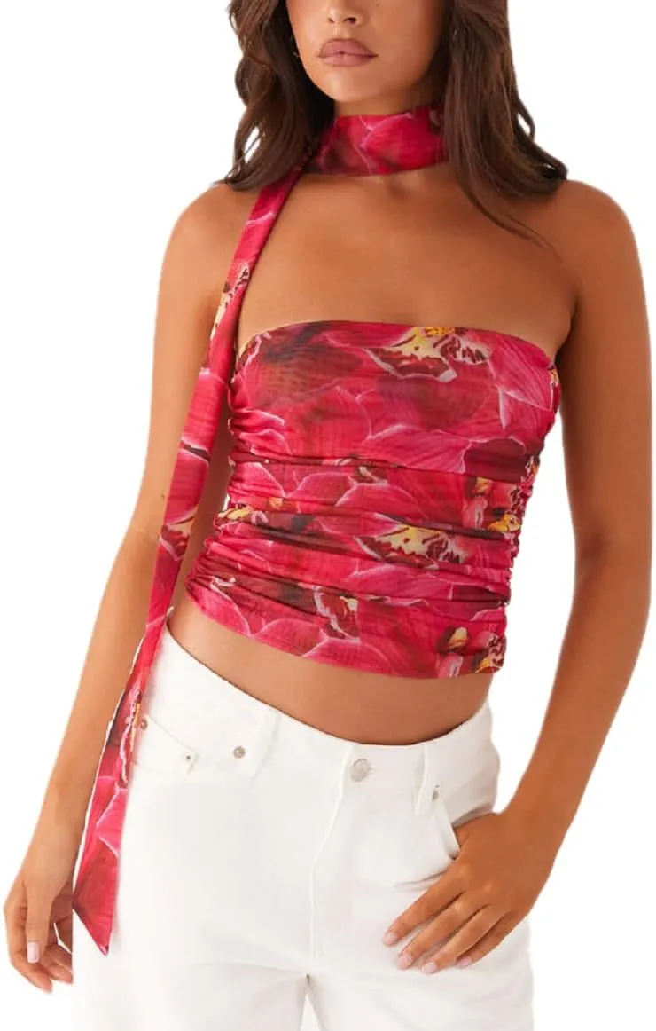 Women Leopard Tube Top Mesh Ruched Strapless Crop Top Sexy Cheetah Print Backless Bandeau Tank Top with Scarf