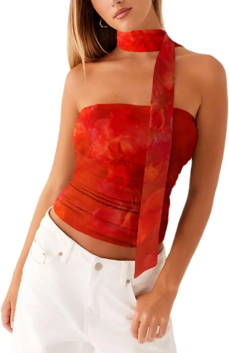 Women Leopard Tube Top Mesh Ruched Strapless Crop Top Sexy Cheetah Print Backless Bandeau Tank Top with Scarf