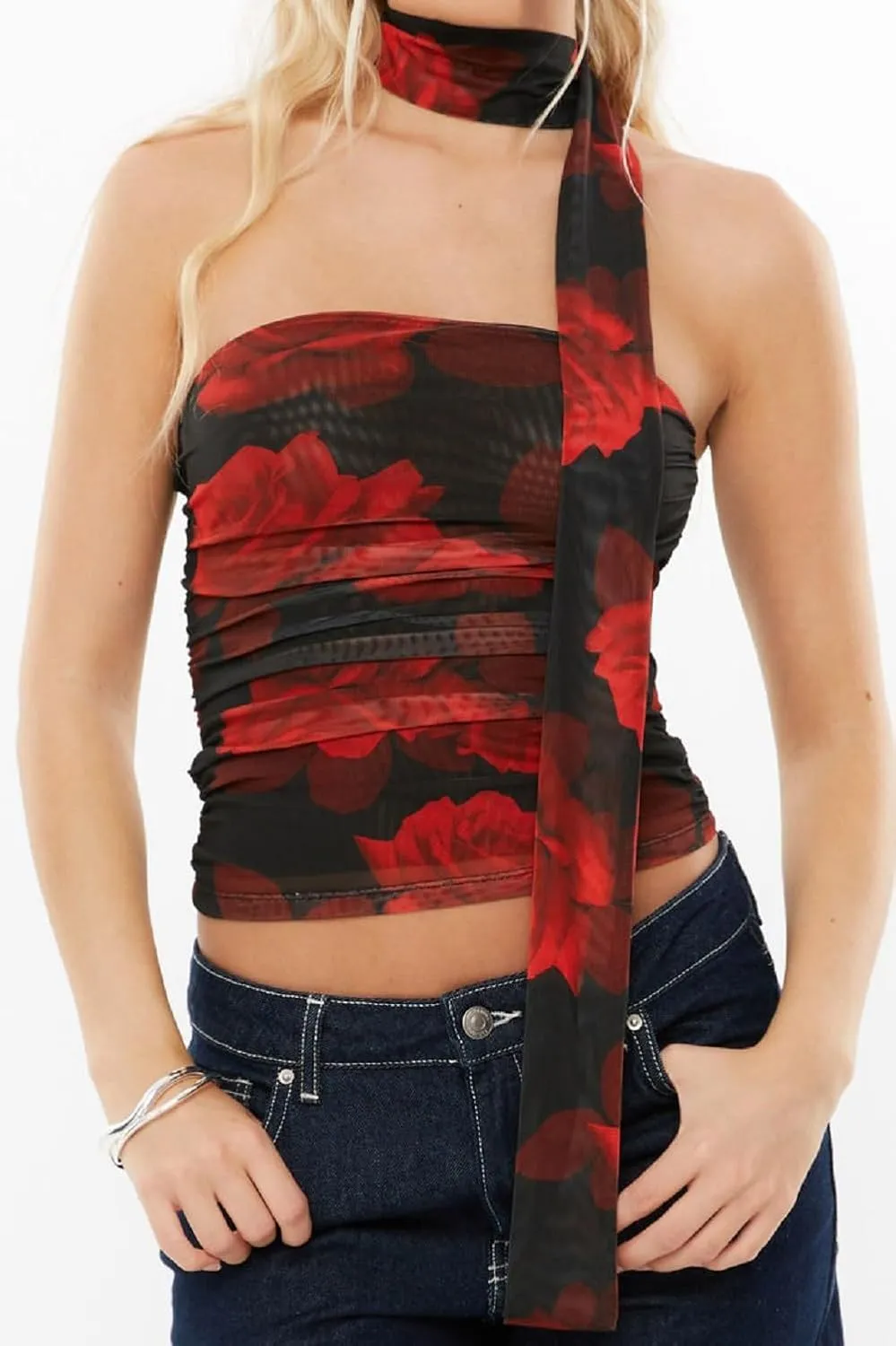 Women Leopard Tube Top Mesh Ruched Strapless Crop Top Sexy Cheetah Print Backless Bandeau Tank Top with Scarf