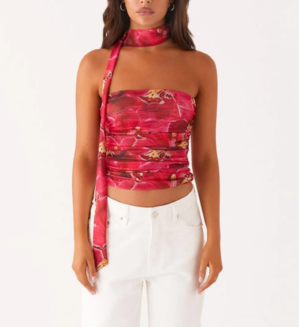 Women Leopard Tube Top Mesh Ruched Strapless Crop Top Sexy Cheetah Print Backless Bandeau Tank Top with Scarf