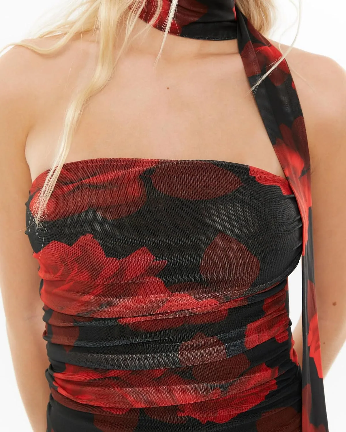 Women Leopard Tube Top Mesh Ruched Strapless Crop Top Sexy Cheetah Print Backless Bandeau Tank Top with Scarf