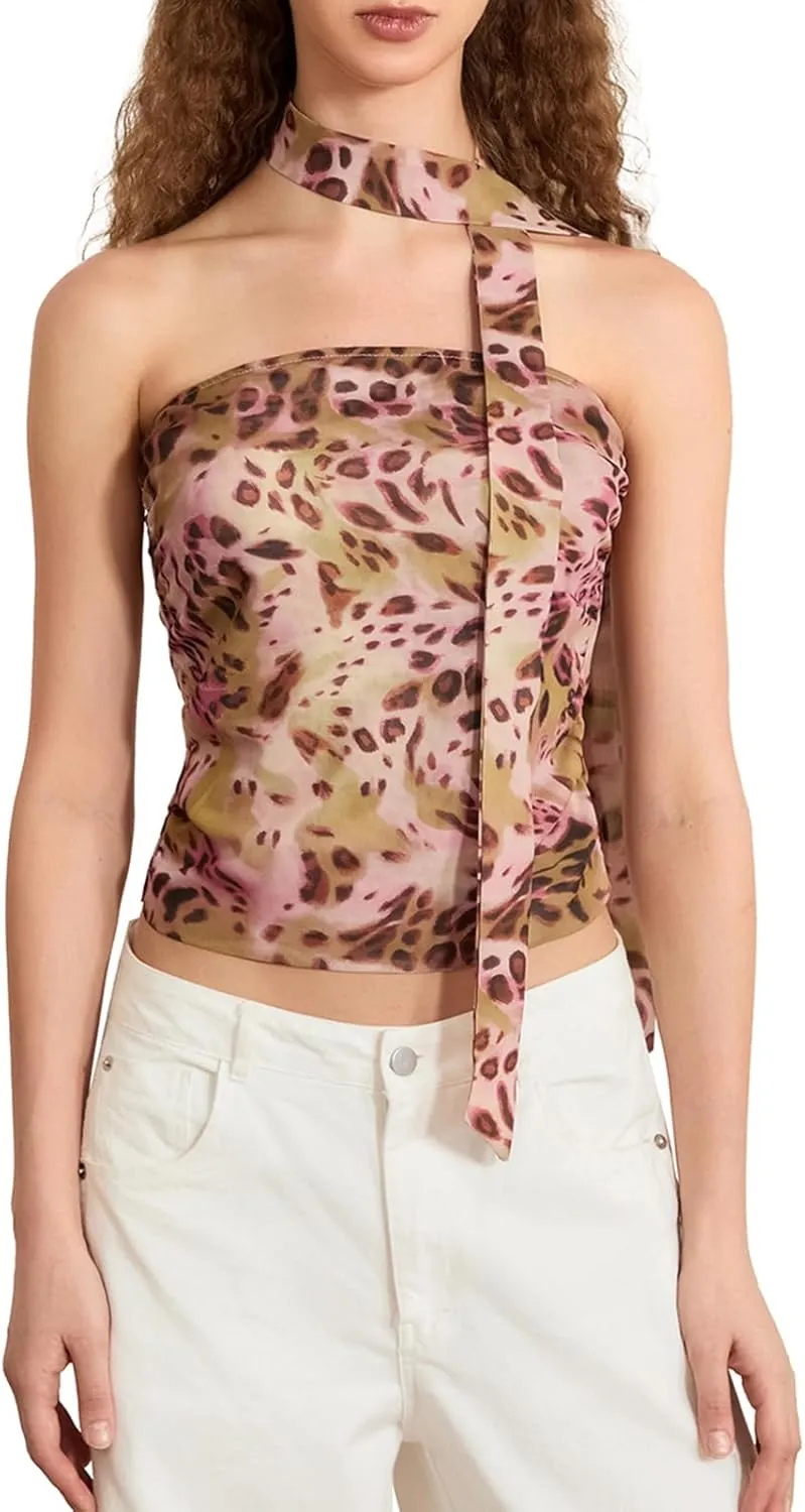 Women Leopard Tube Top Mesh Ruched Strapless Crop Top Sexy Cheetah Print Backless Bandeau Tank Top with Scarf