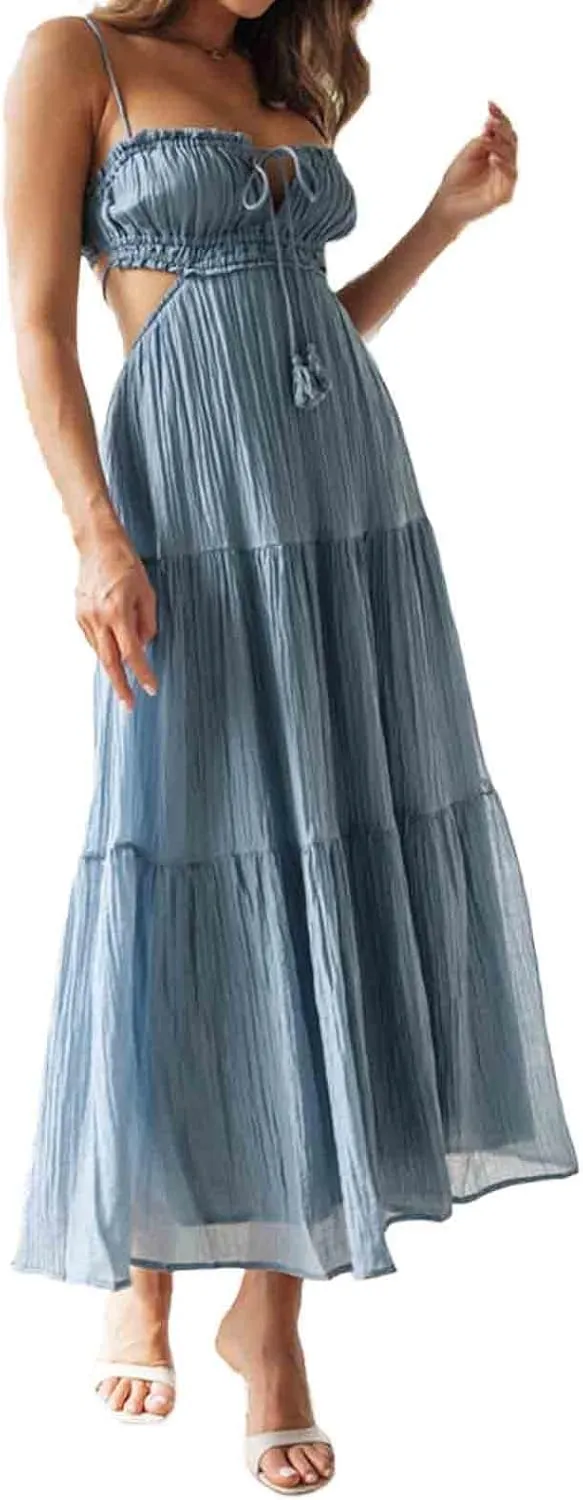 Women Sexy Spaghetti Strap Low Cut Dress Y2k Bodycon Long Dress Sleeveless Backless Maxi Dresses Going Out Party Clubwear