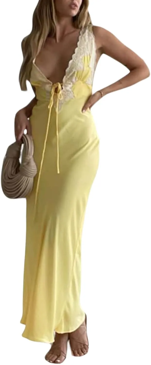 Women Spaghetti Strap Maxi Dress Cutout Backless Sleeveless Long Dress Bodycon Party Wedding Guest Dresses