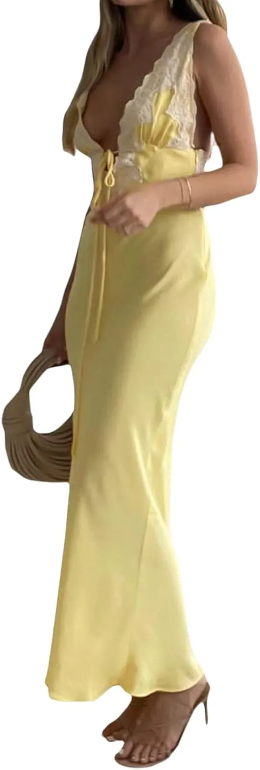 Women Spaghetti Strap Maxi Dress Cutout Backless Sleeveless Long Dress Bodycon Party Wedding Guest Dresses