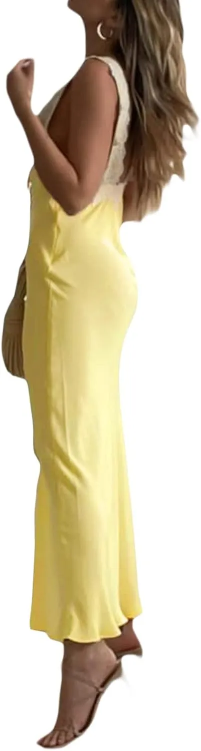 Women Spaghetti Strap Maxi Dress Cutout Backless Sleeveless Long Dress Bodycon Party Wedding Guest Dresses