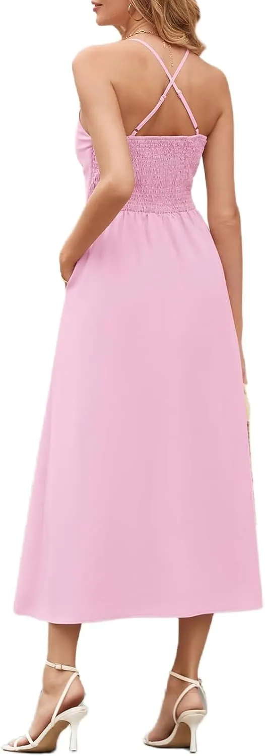 Women Summer Casual Midi Dress Spaghetti Strap Sleeveless V Neck Beach Party Wedding Halter Cutout Slit Dresses