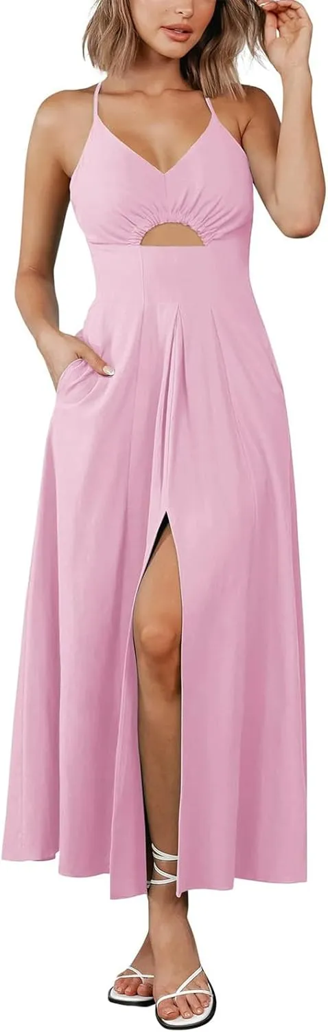 Women Summer Casual Midi Dress Spaghetti Strap Sleeveless V Neck Beach Party Wedding Halter Cutout Slit Dresses