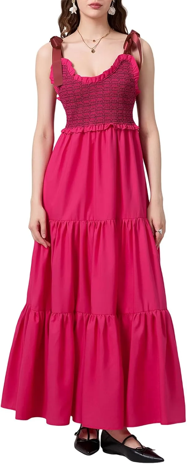 Women Tie Shoulder Maxi Dress Y2k Summer Floral Boho Long Dress Sleeveless Tiered Flowy Beach Sundress