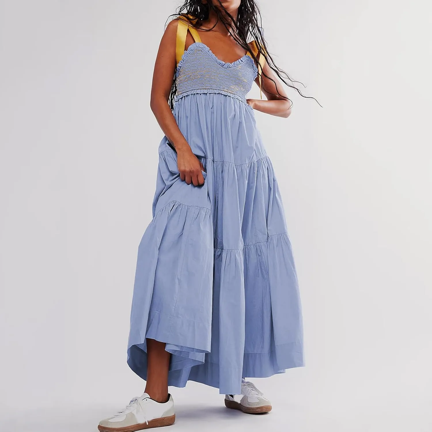 Women Tie Shoulder Maxi Dress Y2k Summer Floral Boho Long Dress Sleeveless Tiered Flowy Beach Sundress