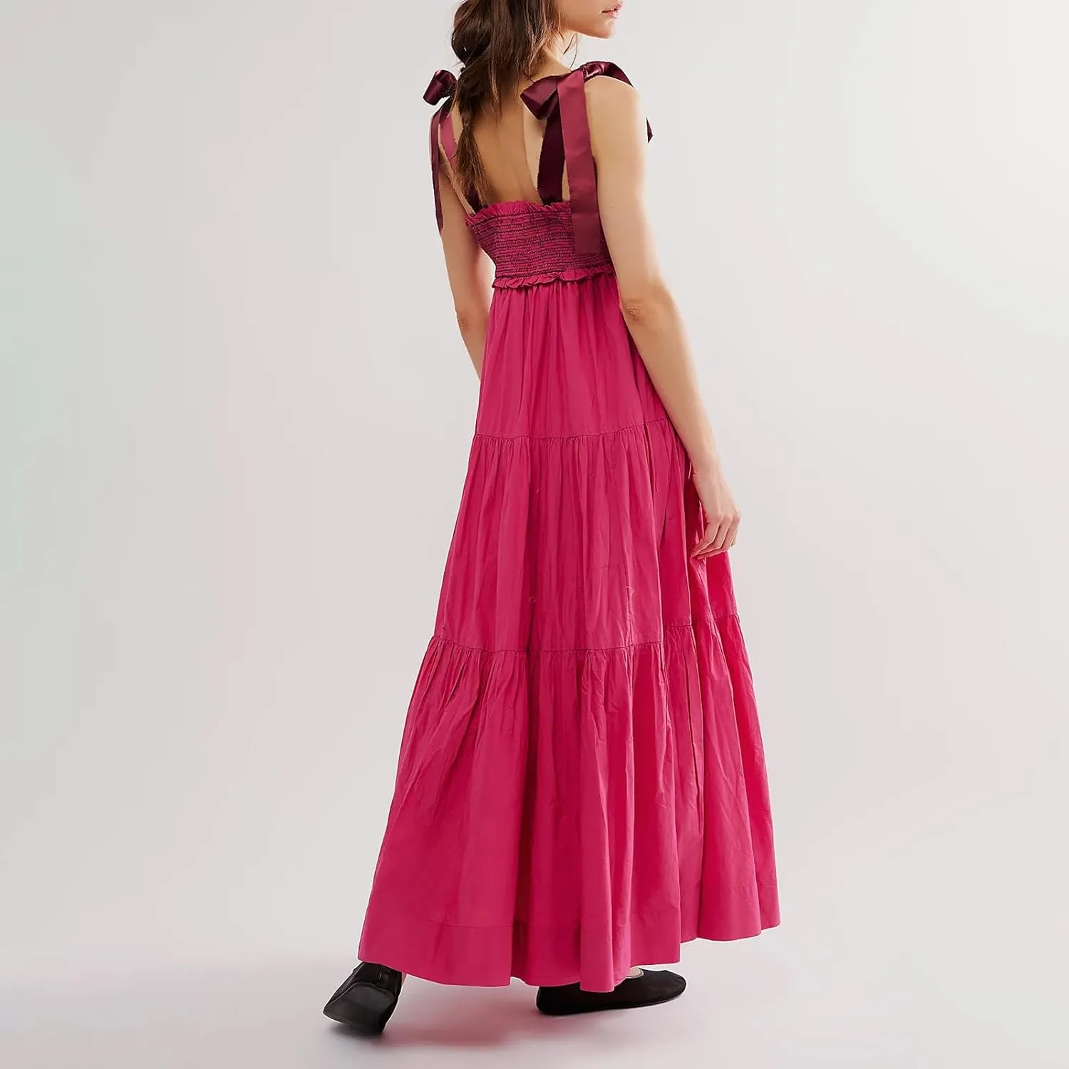 Women Tie Shoulder Maxi Dress Y2k Summer Floral Boho Long Dress Sleeveless Tiered Flowy Beach Sundress