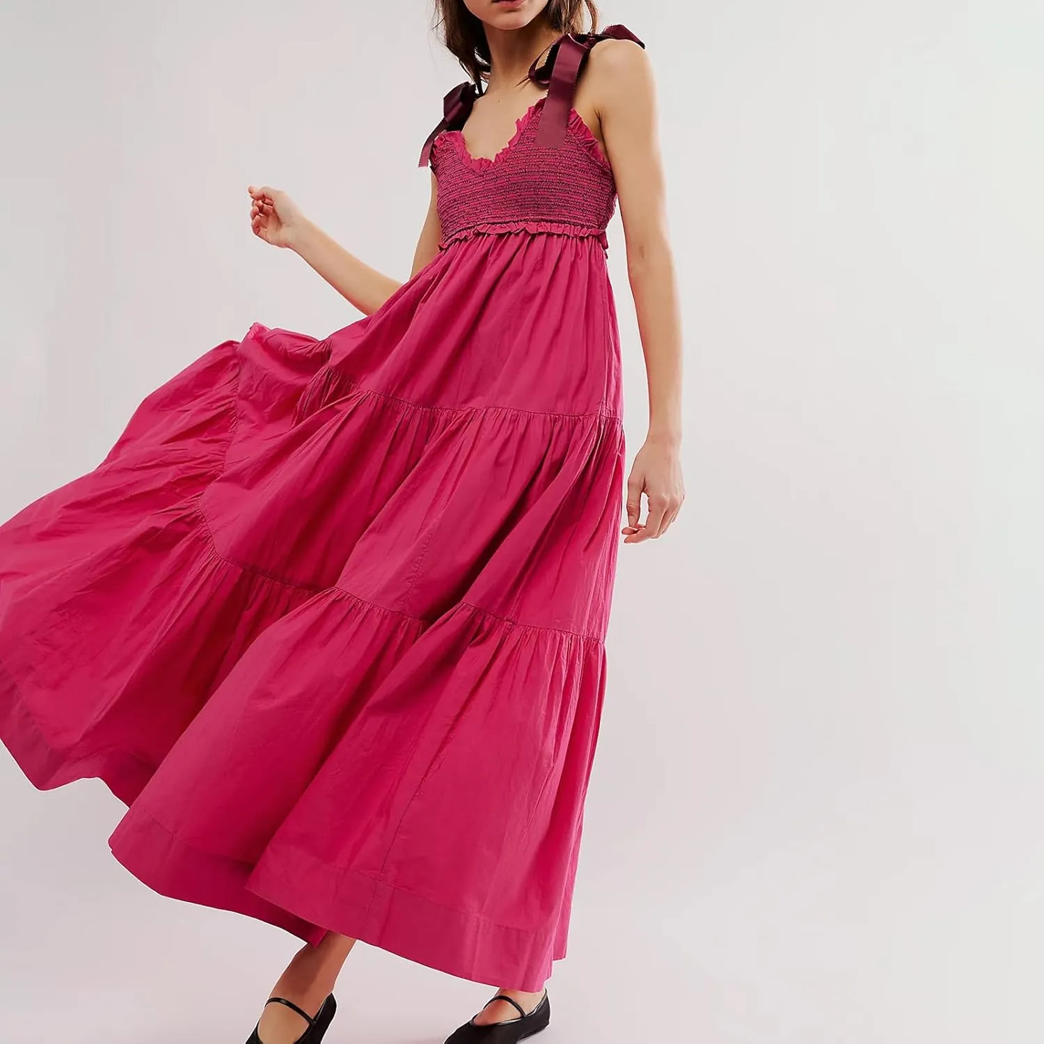 Women Tie Shoulder Maxi Dress Y2k Summer Floral Boho Long Dress Sleeveless Tiered Flowy Beach Sundress