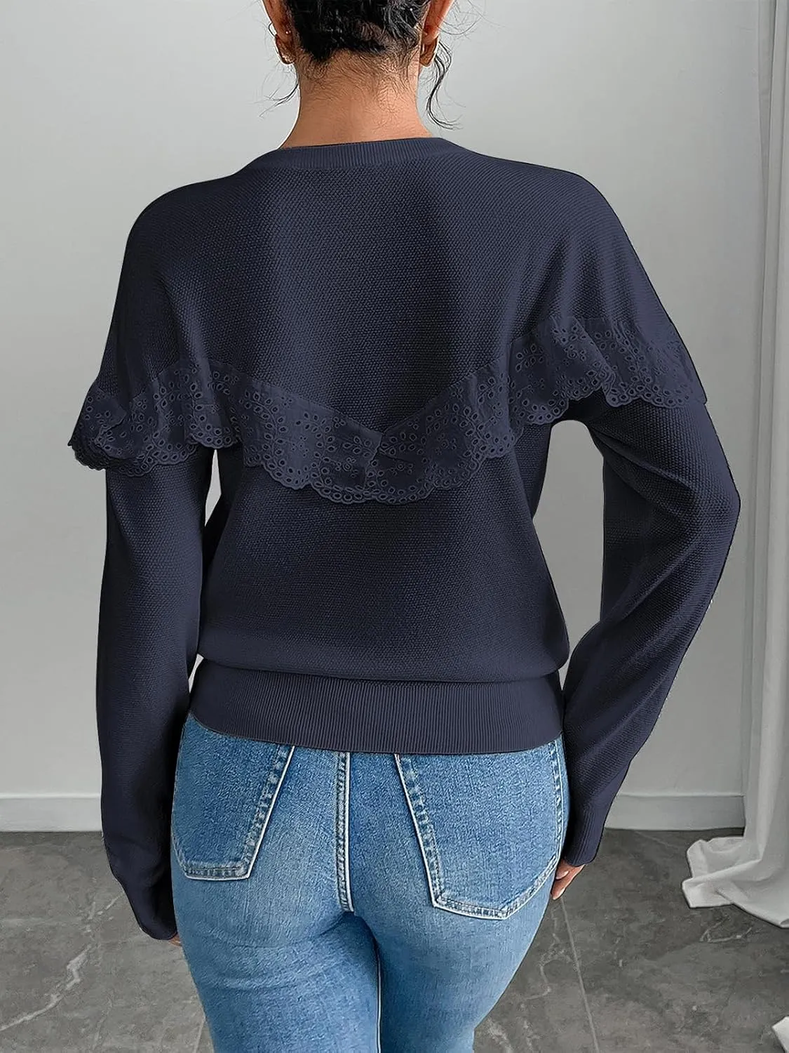 Women Tops Casual Solid Lace Crewneck Long Sleeved Knit Sweater