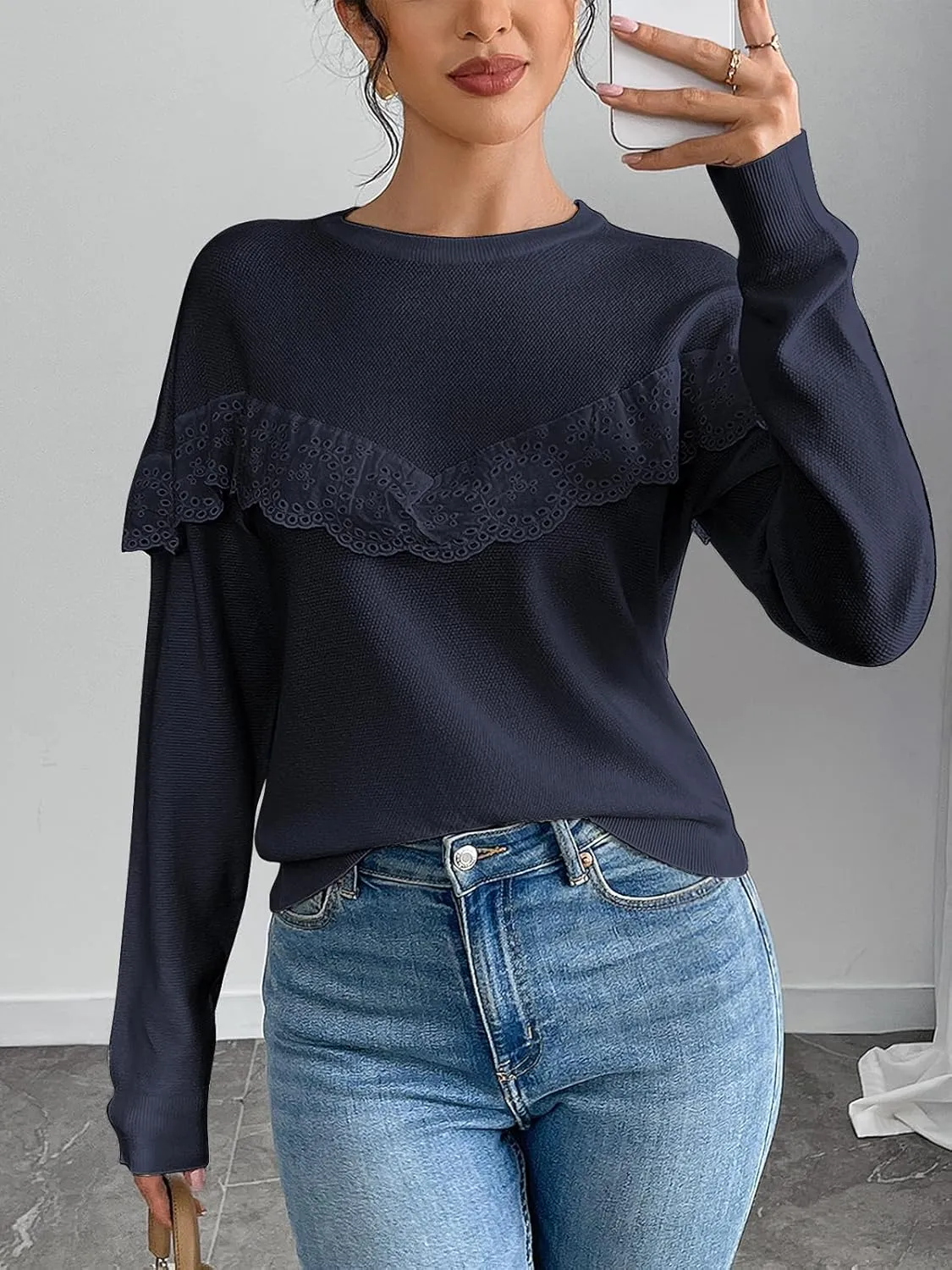 Women Tops Casual Solid Lace Crewneck Long Sleeved Knit Sweater