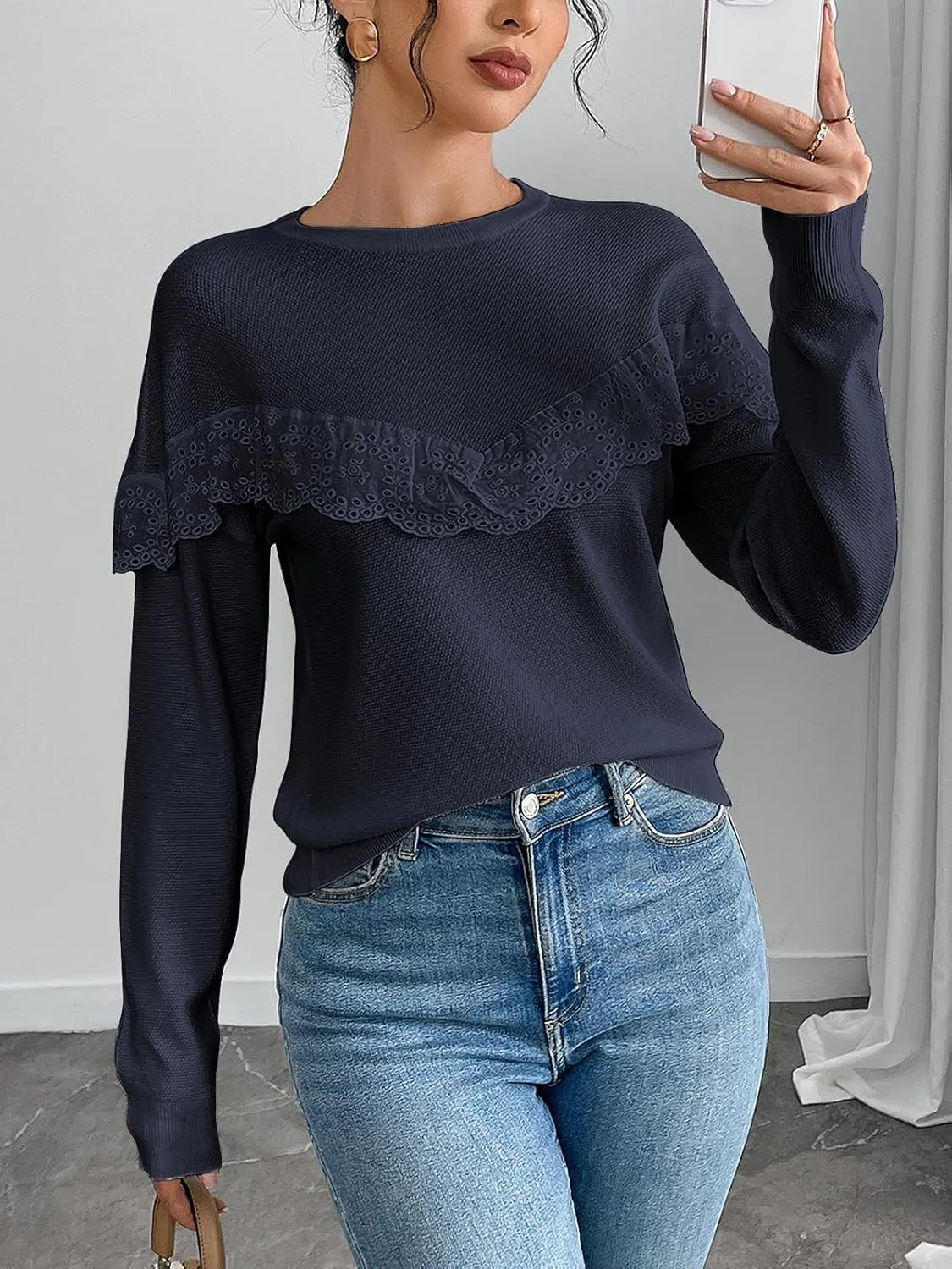 Women Tops Casual Solid Lace Crewneck Long Sleeved Knit Sweater