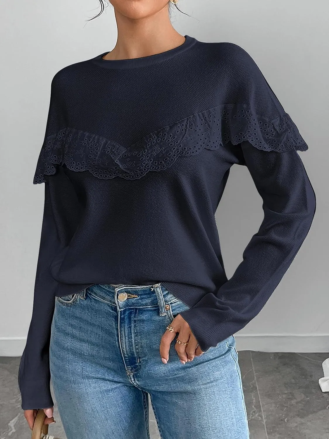 Women Tops Casual Solid Lace Crewneck Long Sleeved Knit Sweater