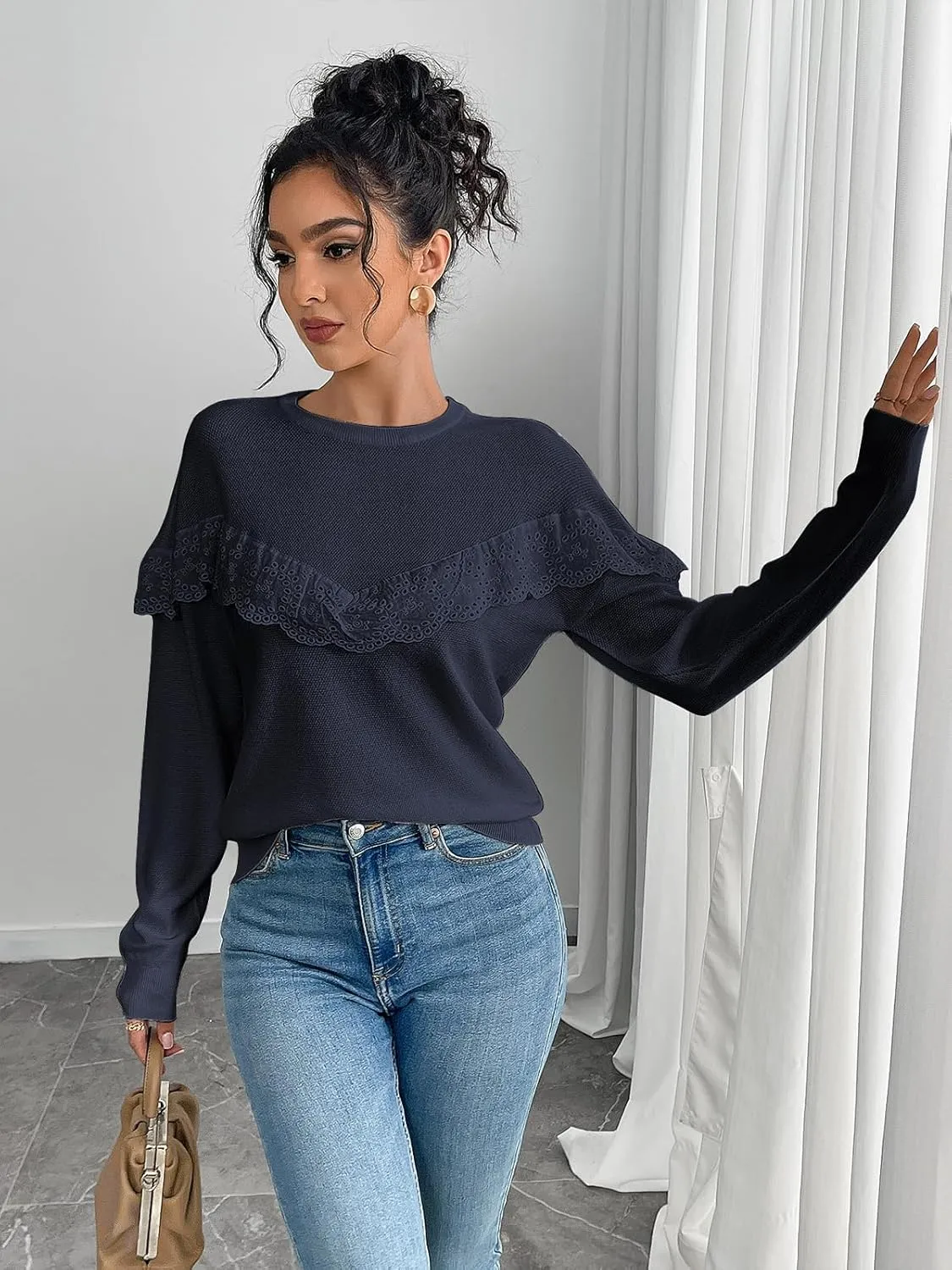 Women Tops Casual Solid Lace Crewneck Long Sleeved Knit Sweater