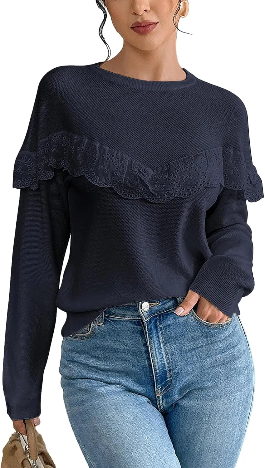 Women Tops Casual Solid Lace Crewneck Long Sleeved Knit Sweater