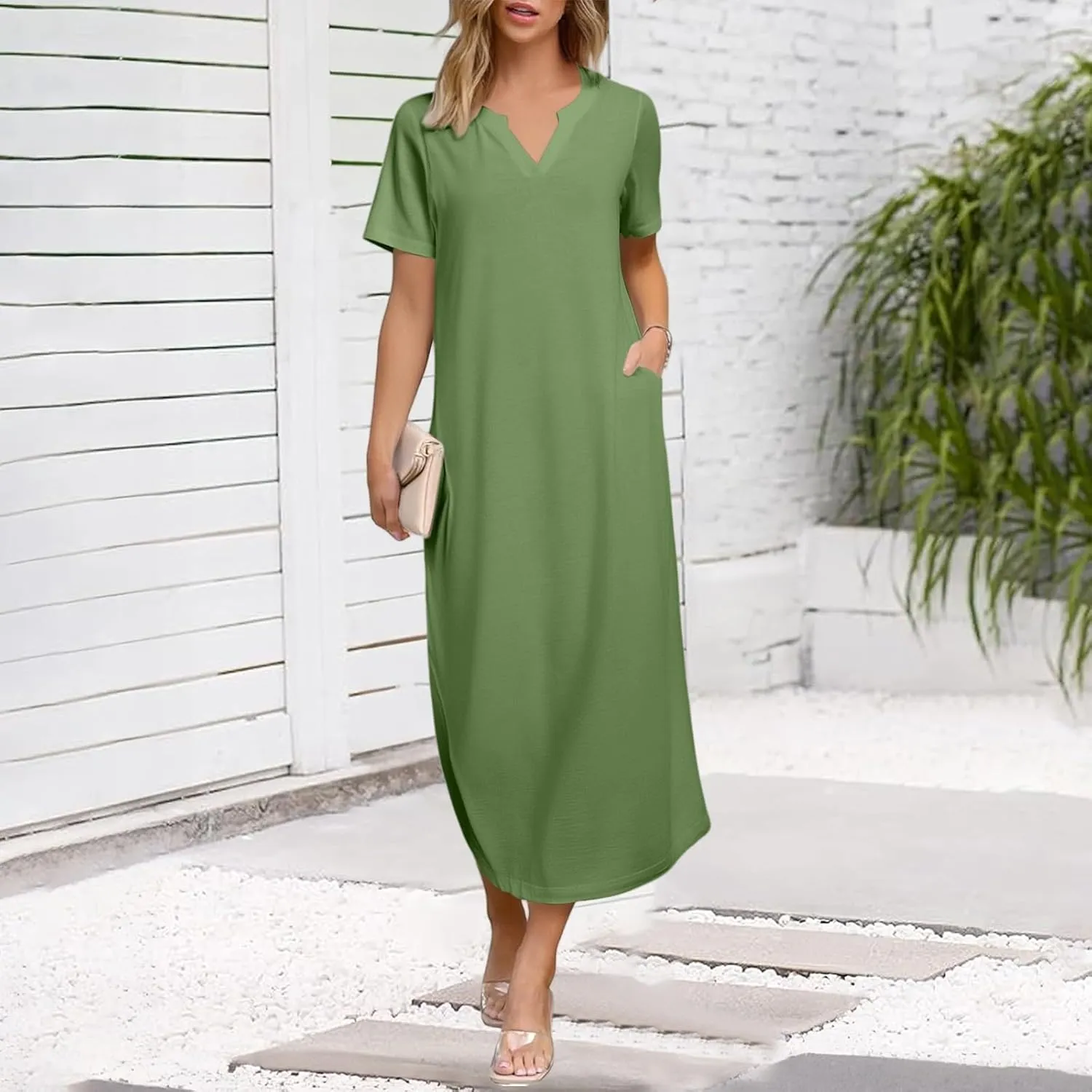 Women's 2025 Spring Summer Casual Maxi Dress Beach Vacation Short Sleeve Crewneck Basic Long T Shirt Dresses
