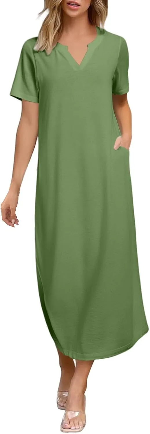Women's 2025 Spring Summer Casual Maxi Dress Beach Vacation Short Sleeve Crewneck Basic Long T Shirt Dresses
