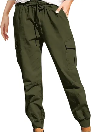 Women's Cargo Pants Tapered Leg Joggers Drawstring High Waist Pants Cotton Casual Hiking Trousers with Pockets
