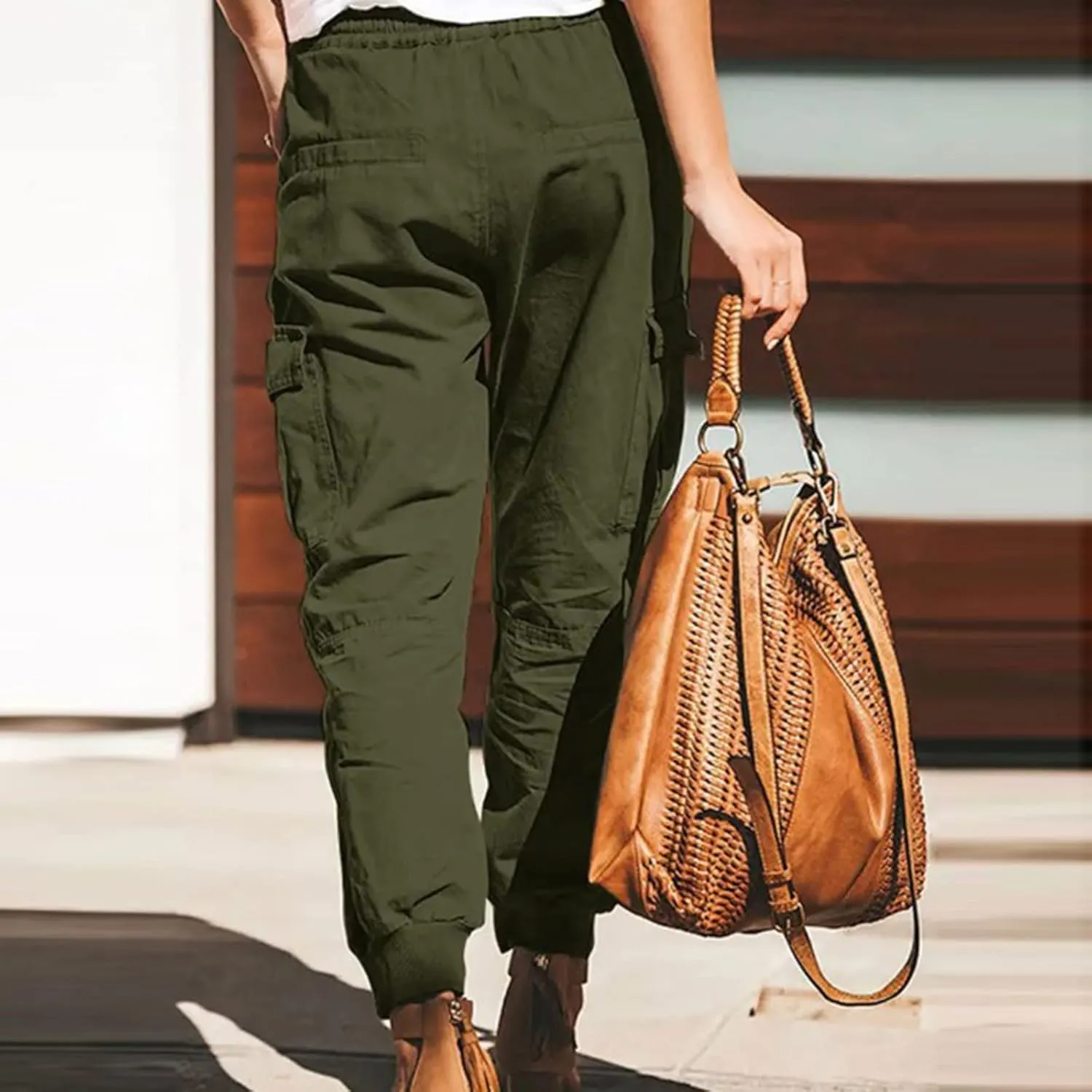 Women's Cargo Pants Tapered Leg Joggers Drawstring High Waist Pants Cotton Casual Hiking Trousers with Pockets