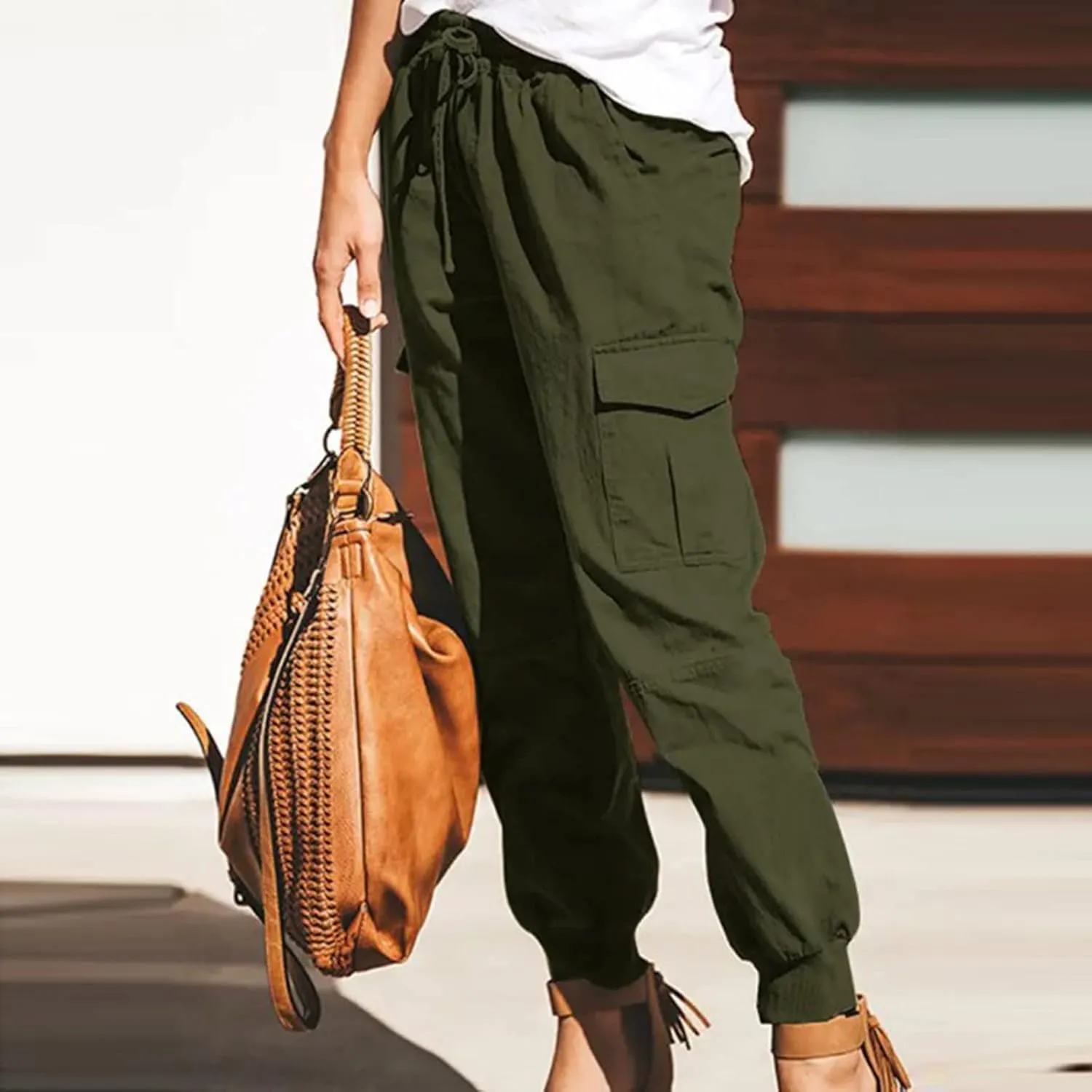 Women's Cargo Pants Tapered Leg Joggers Drawstring High Waist Pants Cotton Casual Hiking Trousers with Pockets