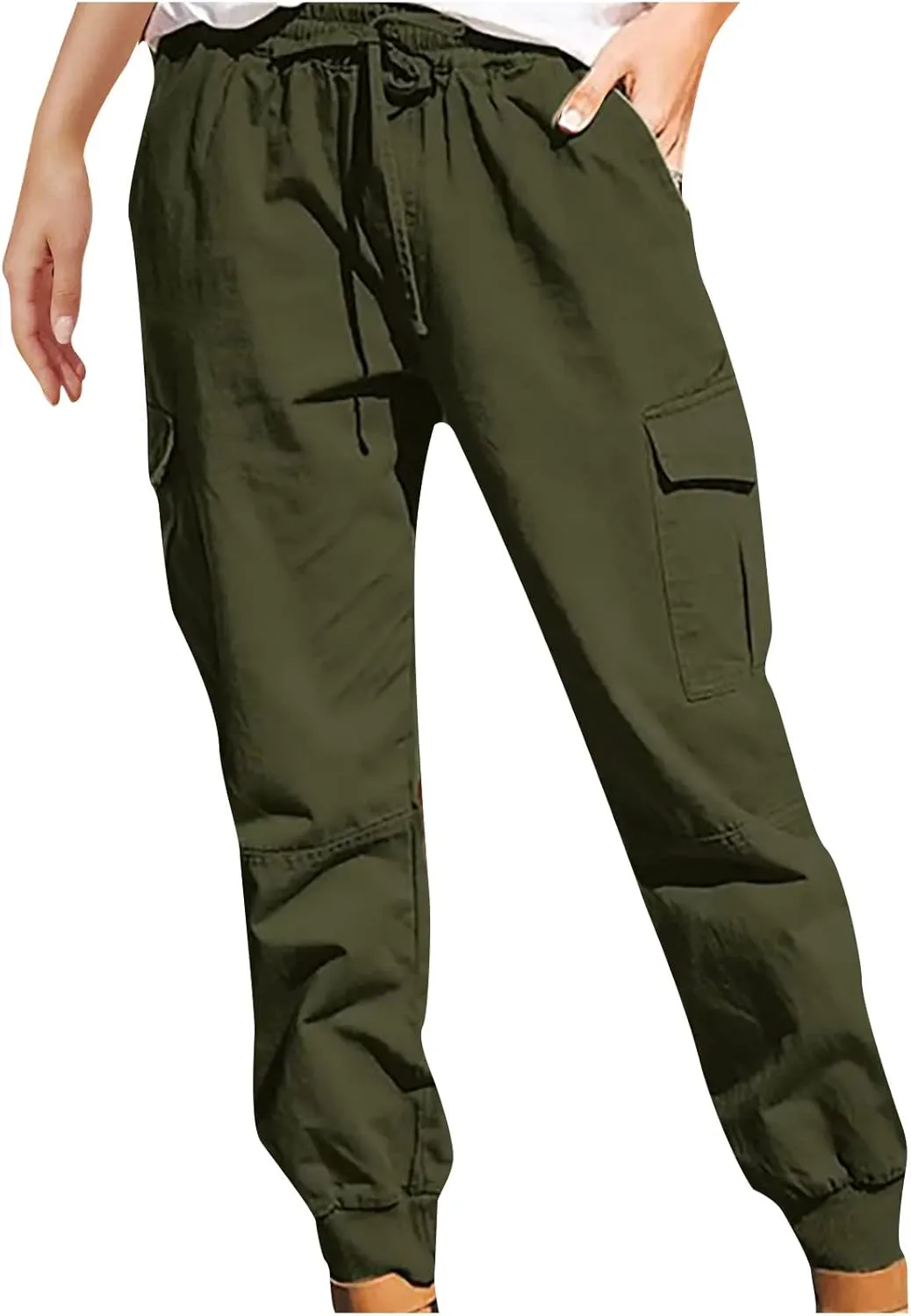 Women's Cargo Pants Tapered Leg Joggers Drawstring High Waist Pants Cotton Casual Hiking Trousers with Pockets