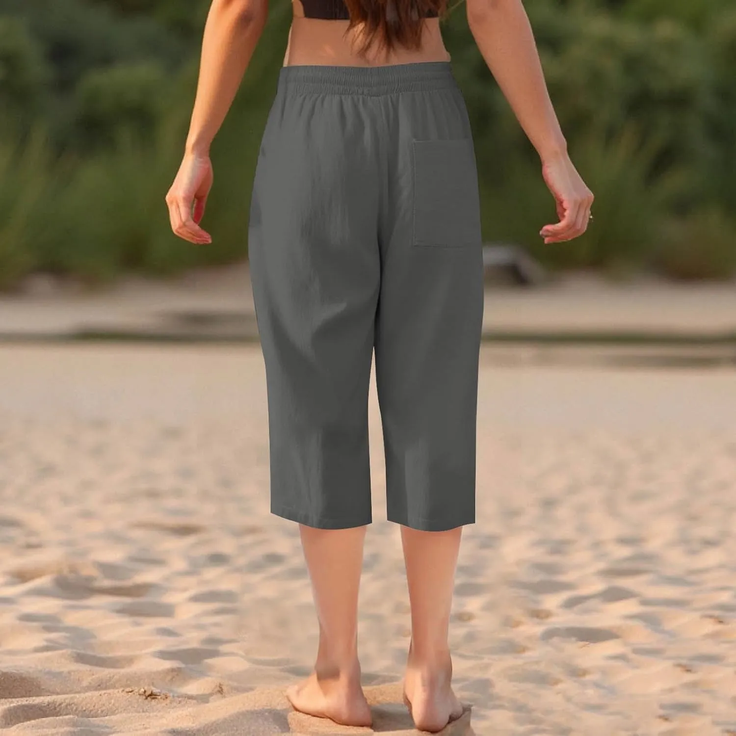 Womens Casual Cotton Linen Capris Elastic High Waist Straight Leg Palazzo Capri Pants Pockets Summer Drawstring Pants