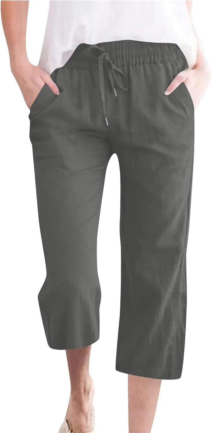 Womens Casual Cotton Linen Capris Elastic High Waist Straight Leg Palazzo Capri Pants Pockets Summer Drawstring Pants