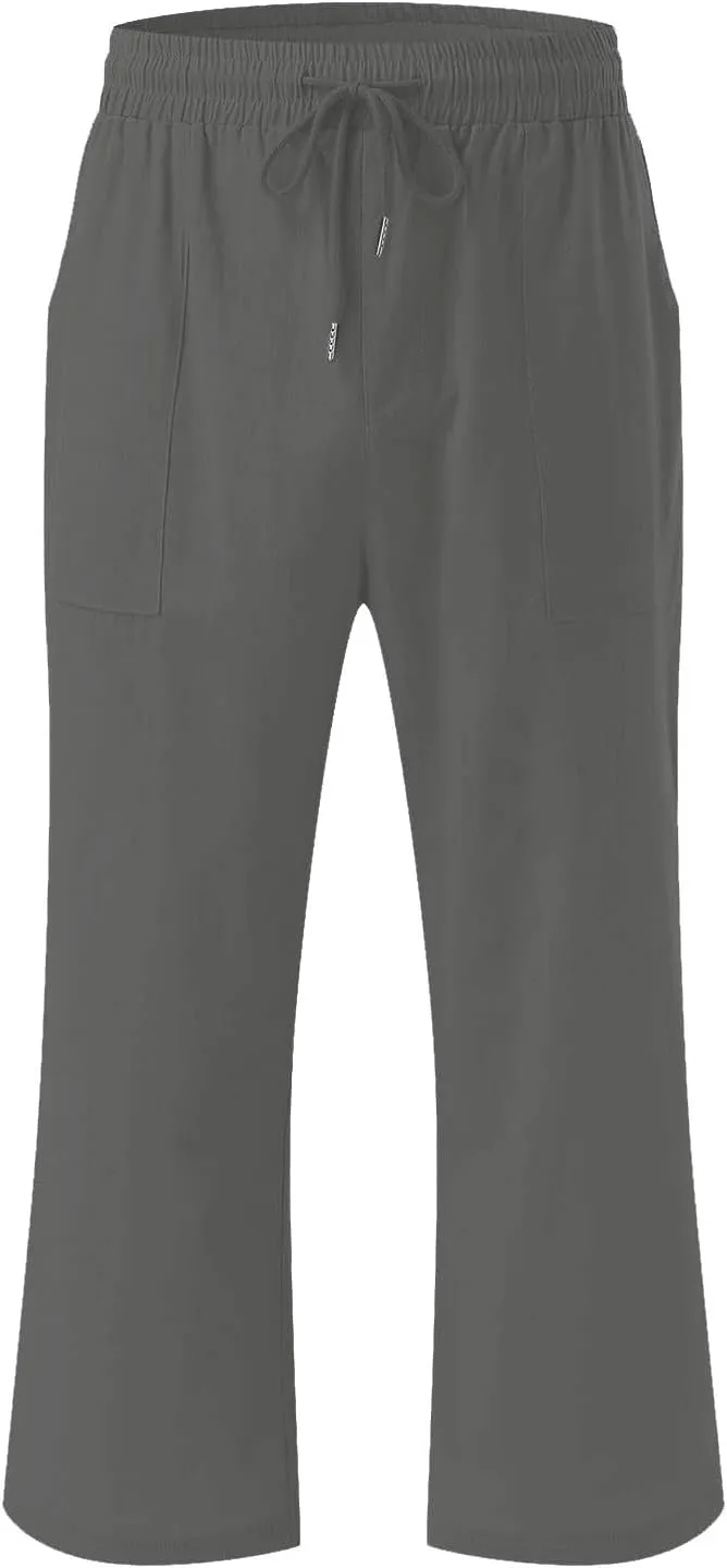 Womens Casual Cotton Linen Capris Elastic High Waist Straight Leg Palazzo Capri Pants Pockets Summer Drawstring Pants