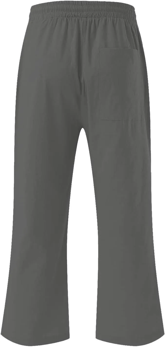 Womens Casual Cotton Linen Capris Elastic High Waist Straight Leg Palazzo Capri Pants Pockets Summer Drawstring Pants