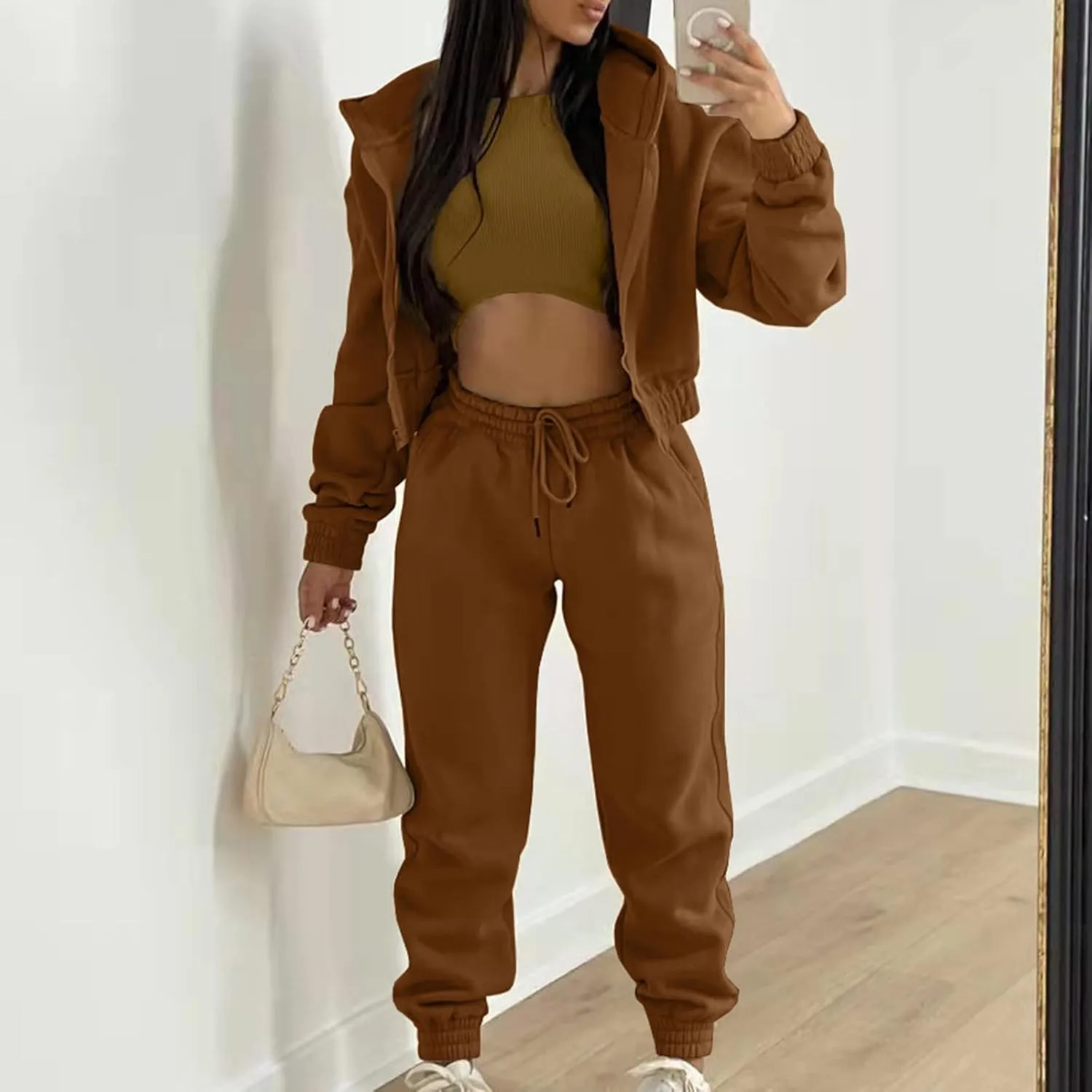 Women's Casual Tracksuit 3 Piece Outfits Sets Solid Color Zipper Hooded Sweatshirt Pants and Top Vest Jogger Outfits